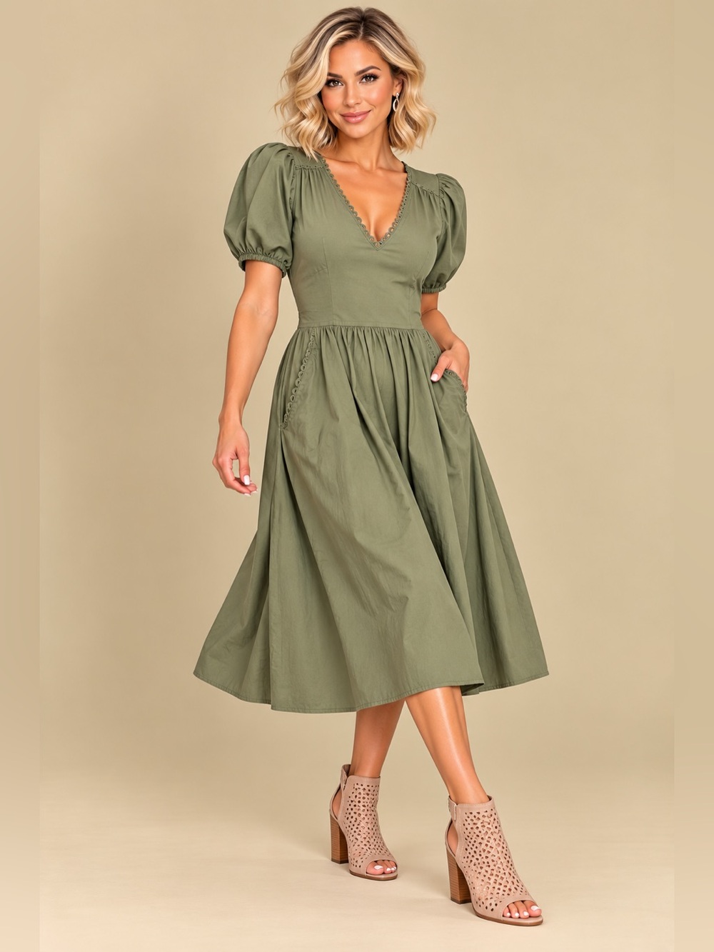 J.Crew Olive Green Cotton Midi Dress Size 6 Puff Sleeve Pocket Boho